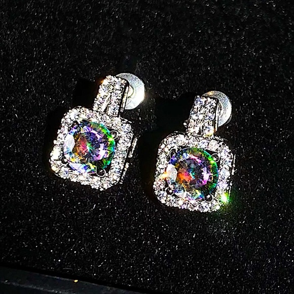 Sterling Silver Mystic Topaz Diamond Halo Stud Earrings - Picture 1 of 2